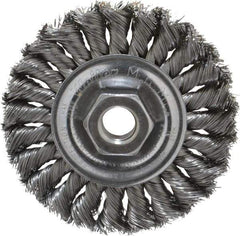 Weiler - 4" OD, 5/8-11 Arbor Hole, Knotted Steel Wheel Brush - 1/2" Face Width, 7/8" Trim Length, 0.014" Filament Diam, 20,000 RPM - USA Tool & Supply