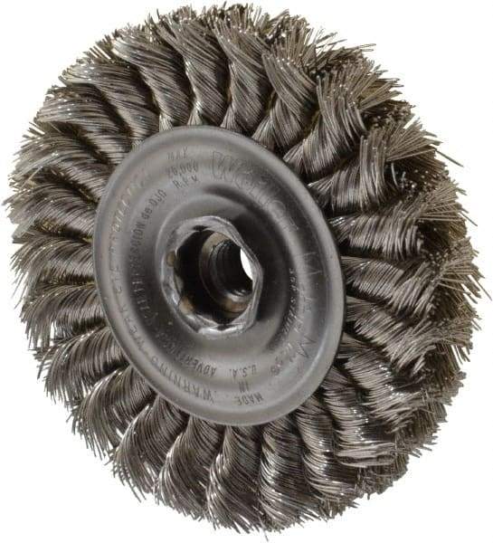 Weiler - 4" OD, 1/2-13 Arbor Hole, Knotted Stainless Steel Wheel Brush - 1/2" Face Width, 7/8" Trim Length, 0.014" Filament Diam, 20,000 RPM - USA Tool & Supply