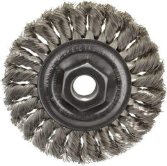 Weiler - 4" OD, 5/8-11 Arbor Hole, Knotted Stainless Steel Wheel Brush - 1/2" Face Width, 7/8" Trim Length, 0.014" Filament Diam, 20,000 RPM - USA Tool & Supply