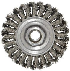 Weiler - 4" OD, 5/8-11 Arbor Hole, Knotted Steel Wheel Brush - 1/2" Face Width, 7/8" Trim Length, 0.02" Filament Diam, 20,000 RPM - USA Tool & Supply
