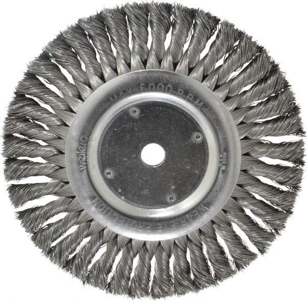 Weiler - 8" OD, 5/8" Arbor Hole, Knotted Steel Wheel Brush - 5/8" Face Width, 1-5/8" Trim Length, 0.014" Filament Diam, 6,000 RPM - USA Tool & Supply