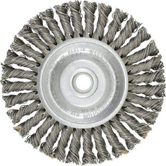 Weiler - 4" OD, 1/2" Arbor Hole, Knotted Steel Wheel Brush - 3/16" Face Width, 7/8" Trim Length, 0.02" Filament Diam, 20,000 RPM - USA Tool & Supply