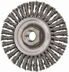 Weiler - 4" OD, 5/8-11 Arbor Hole, Knotted Steel Wheel Brush - 3/16" Face Width, 7/8" Trim Length, 0.02" Filament Diam, 20,000 RPM - USA Tool & Supply