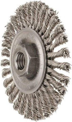 Weiler - 4" OD, 5/8-11 Arbor Hole, Knotted Stainless Steel Wheel Brush - 3/16" Face Width, 7/8" Trim Length, 0.02" Filament Diam, 20,000 RPM - USA Tool & Supply