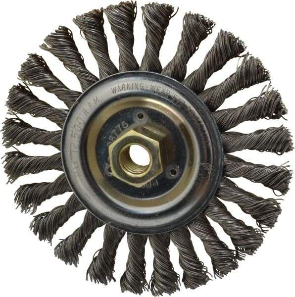 Weiler - 6" OD, 5/8-11 Arbor Hole, Knotted Steel Wheel Brush - 1/2" Face Width, 1-3/8" Trim Length, 0.023" Filament Diam, 12,500 RPM - USA Tool & Supply