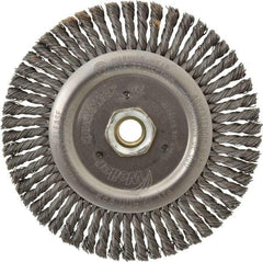 Weiler - 6" OD, 5/8-11 Arbor Hole, Knotted Steel Wheel Brush - 3/16" Face Width, 1-1/8" Trim Length, 0.02" Filament Diam, 12,500 RPM - USA Tool & Supply