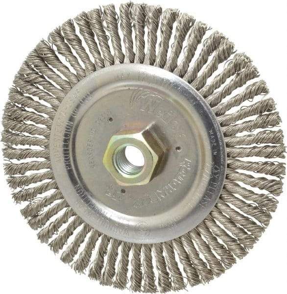 Weiler - 6" OD, 5/8-11 Arbor Hole, Knotted Stainless Steel Wheel Brush - 3/16" Face Width, 1-1/8" Trim Length, 0.02" Filament Diam, 12,500 RPM - USA Tool & Supply