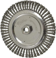 Weiler - 6-7/8" OD, 5/8-11 Arbor Hole, Knotted Steel Wheel Brush - 3/16" Face Width, 1-1/8" Trim Length, 0.02" Filament Diam, 9,000 RPM - USA Tool & Supply