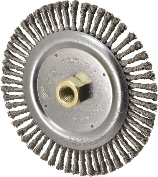 Weiler - 6-7/8" OD, 5/8-11 Arbor Hole, Knotted Stainless Steel Wheel Brush - 3/16" Face Width, 1-1/8" Trim Length, 0.02" Filament Diam, 9,000 RPM - USA Tool & Supply