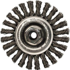 Weiler - 4" OD, M10x1.25 Arbor Hole, Knotted Steel Wheel Brush - 1/4" Face Width, 7/8" Trim Length, 0.02" Filament Diam, 20,000 RPM - USA Tool & Supply