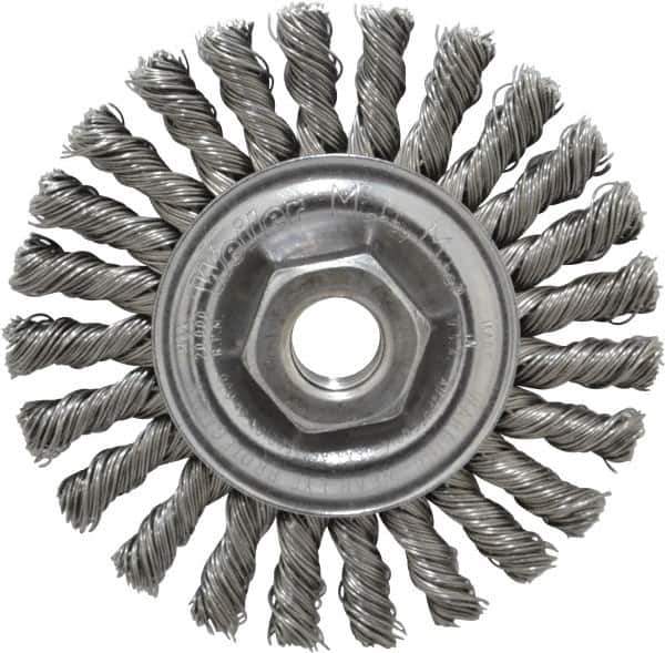 Weiler - 4" OD, 5/8-11 Arbor Hole, Knotted Steel Wheel Brush - 1/4" Face Width, 7/8" Trim Length, 0.02" Filament Diam, 20,000 RPM - USA Tool & Supply