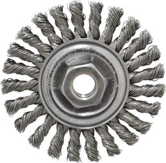 Weiler - 4" OD, 5/8-11 Arbor Hole, Knotted Steel Wheel Brush - 1/4" Face Width, 7/8" Trim Length, 0.02" Filament Diam, 20,000 RPM - USA Tool & Supply