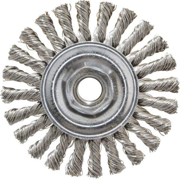 Weiler - 4" OD, 5/8-11 Arbor Hole, Knotted Stainless Steel Wheel Brush - 1/4" Face Width, 7/8" Trim Length, 0.02" Filament Diam, 20,000 RPM - USA Tool & Supply