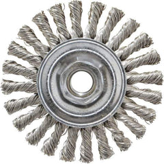 Weiler - 4" OD, 5/8-11 Arbor Hole, Knotted Stainless Steel Wheel Brush - 1/4" Face Width, 7/8" Trim Length, 0.02" Filament Diam, 20,000 RPM - USA Tool & Supply