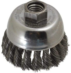 Weiler - 2-3/4" Diam, 5/8-11 Threaded Arbor, Steel Fill Cup Brush - 0.014 Wire Diam, 7/8" Trim Length, 14,000 Max RPM - USA Tool & Supply