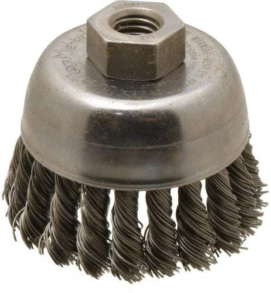 Weiler - 2-3/4" Diam, 1/2-13 Threaded Arbor, Steel Fill Cup Brush - 0.02 Wire Diam, 7/8" Trim Length, 14,000 Max RPM - USA Tool & Supply