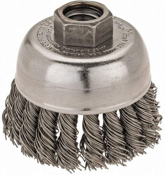 Weiler - 2-3/4" Diam, 5/8-11 Threaded Arbor, Steel Fill Cup Brush - 0.02 Wire Diam, 7/8" Trim Length, 14,000 Max RPM - USA Tool & Supply