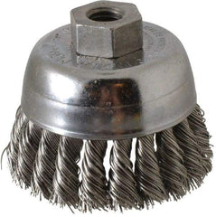 Weiler - 2-3/4" Diam, 1/2-13 Threaded Arbor, Stainless Steel Fill Cup Brush - 0.02 Wire Diam, 7/8" Trim Length, 14,000 Max RPM - USA Tool & Supply