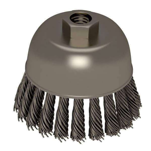 Weiler - 2-3/4" Diam, 5/8-11 Threaded Arbor, Stainless Steel Fill Cup Brush - 0.02 Wire Diam, 7/8" Trim Length, 14,000 Max RPM - USA Tool & Supply
