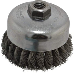 Weiler - 4" Diam, 5/8-11 Threaded Arbor, Steel Fill Cup Brush - 0.014 Wire Diam, 1-1/4" Trim Length, 9,000 Max RPM - USA Tool & Supply