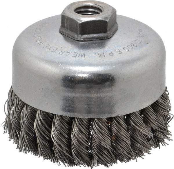 Weiler - 4" Diam, 5/8-11 Threaded Arbor, Steel Fill Cup Brush - 0.023 Wire Diam, 1-1/4" Trim Length, 9,000 Max RPM - USA Tool & Supply