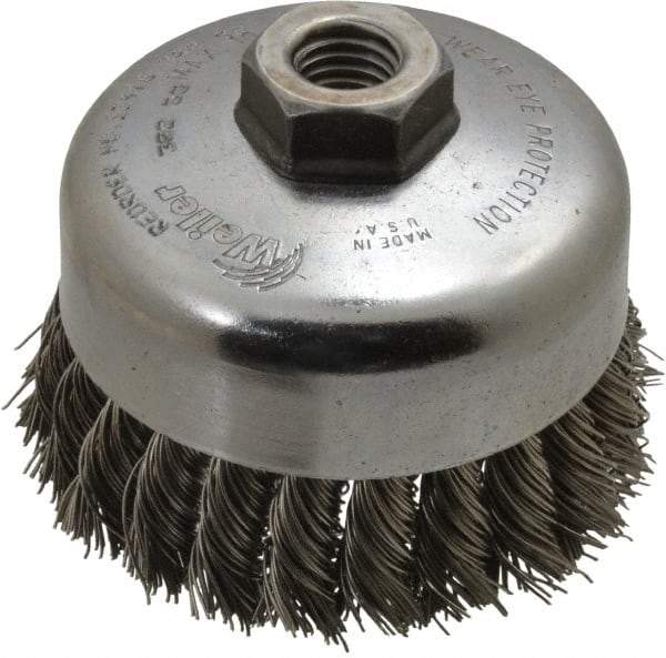 Weiler - 4" Diam, 5/8-11 Threaded Arbor, Stainless Steel Fill Cup Brush - 0.023 Wire Diam, 1-1/4" Trim Length, 9,000 Max RPM - USA Tool & Supply