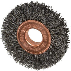 Weiler - 1-1/2" OD, 3/8" Arbor Hole, Crimped Steel Wheel Brush - 1/4" Face Width, 7/16" Trim Length, 0.0104" Filament Diam, 20,000 RPM - USA Tool & Supply