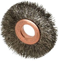 Weiler - 2" OD, 1/2" Arbor Hole, Crimped Stainless Steel Wheel Brush - 3/8" Face Width, 1/2" Trim Length, 0.0104" Filament Diam, 20,000 RPM - USA Tool & Supply