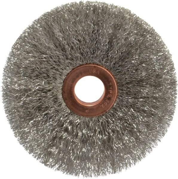 Weiler - 3" OD, 1/2" Arbor Hole, Crimped Stainless Steel Wheel Brush - 5/8" Face Width, 1" Trim Length, 0.006" Filament Diam, 20,000 RPM - USA Tool & Supply