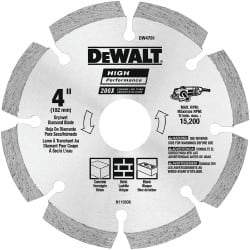 DeWALT - 4" Diam, 5/8 & 7/8" Arbor Hole Diam, 8 Tooth Wet & Dry Cut Saw Blade - Diamond-Tipped, Straight Action, Standard Round Arbor - USA Tool & Supply