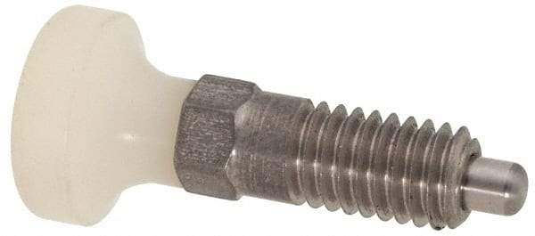 Vlier - M6x1.0, 13mm Thread Length, 0.118" Max Plunger Diam, 0.11 Lb Init to 0.34 Lb Final End Force, Knob Handle Plunger - Delrin Knob, 0.63" Body Length, 1/2" Length Under Head/Shoulder, 0.118" Plunger Projection - USA Tool & Supply