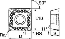 Kennametal - SPET3125 GB2 Grade KC725M Carbide Milling Insert - TiN/TiCN/TiN Finish, 5/32" Thick, 10mm Inscribed Circle, 0.8mm Corner Radius - USA Tool & Supply