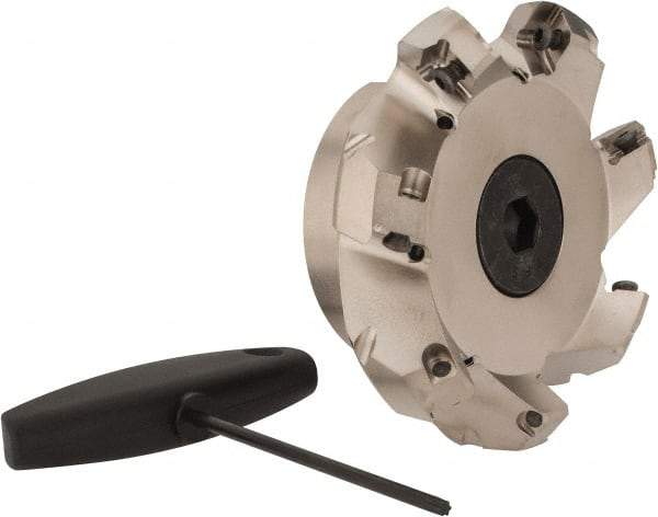 Seco - 4" Cut Diam, 1-1/2" Arbor Hole, 0.295" Max Depth of Cut, 45° Indexable Chamfer & Angle Face Mill - 7 Inserts, SE.X 1505 Insert, Right Hand Cut, 7 Flutes, Through Coolant, Series QuattroMill 15 - USA Tool & Supply
