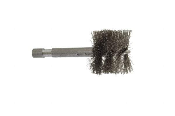 Made in USA - 1 Inch Inside Diameter, 1-1/8 Inch Actual Brush Diameter, Stainless Steel, Power Fitting and Cleaning Brush - 1/4 Shank Diameter, 2-3/4 Inch Long, Hex Shaft Stem - USA Tool & Supply