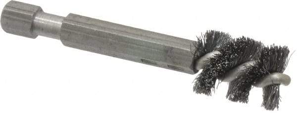 Made in USA - 3/8 Inch Inside Diameter, 1/2 Inch Actual Brush Diameter, Carbon Steel, Power Fitting and Cleaning Brush - 1/4 Shank Diameter, 2-3/4 Inch Long, Hex Shaft Stem - USA Tool & Supply