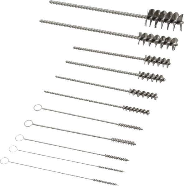 PRO-SOURCE - 11 Piece Stainless Steel Hand Tube Brush Set - 3/4" to 1-1/2" Brush Length, 4" OAL, 0.034" Shank Diam, Includes Brush Diams 1/4", 5/16", 3/8", 1/2" & 3/4" - USA Tool & Supply