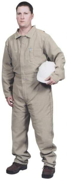 Stanco Safety Products - Size L, Khaki, Zipper, Flame Resistant/Retardant Coverall - 42 to 44" Chest, Nomex, 7 Pockets, Elastic Waistband, Full Action Back, 2-Way Concealed Zipper - USA Tool & Supply