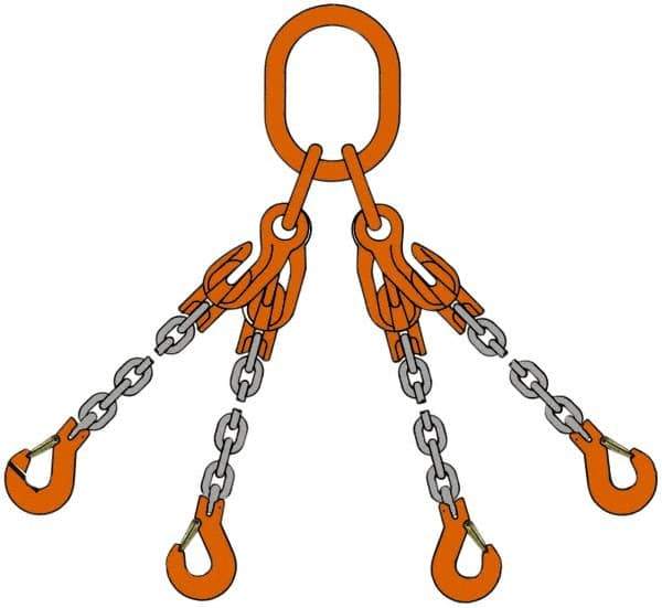 Pewag - 5' Long, 5,500 Lb Basket Capacity, 5,500 Lb Vertical Capacity, Alloy Steel Web Sling - QOS Chain Sling, 7/32" Diam Chain, Silver (Color), with 4 Sling Hooks, Master Link & 4 Shortening Hooks - USA Tool & Supply