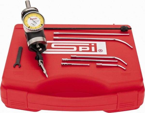 SPI - 9 Piece, 0" to 1/4" Measuring Range, 1.6" Dial Diam, 0-50 Dial Reading, White Dial Test Indicator Kit - 0.005mm Accuracy, 2, 4 & 6" Contact Point Length, 1/8" Ball Diam, 0.0005" Dial Graduation - USA Tool & Supply