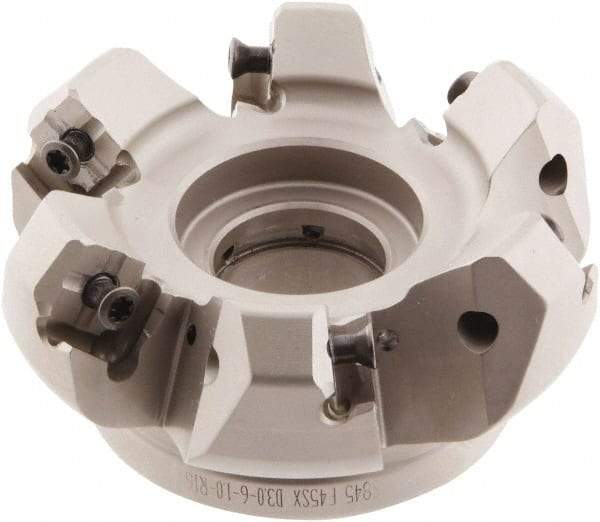 Iscar - 3.58" Cut Diam, 1" Arbor Hole, 0.276" Max Depth of Cut, 45° Indexable Chamfer & Angle Face Mill - 6 Inserts, S845 SX.U 16.. Insert, Right Hand Cut, 6 Flutes, Through Coolant, Series Helido - USA Tool & Supply