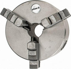 Phase II - 3 Jaws, 5" Diam, Self Centering Manual Lathe Chuck - Plain Back Mount Spindle, Reversible, 1.18" Through Hole Diam, Cast Iron - USA Tool & Supply