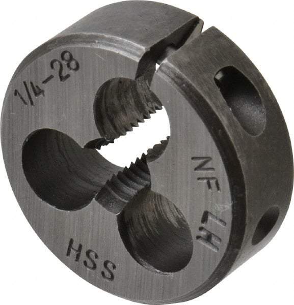 Interstate - 1/4-28 UNF Thread, 1" Outside Diam High Speed Steel Round Die - Left Hand Thread, Adjustable - Exact Industrial Supply