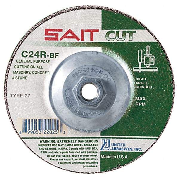 Sait - 24 Grit, 5" Wheel Diam, 1/8" Wheel Thickness, Type 27 Depressed Center Wheel - Silicon Carbide, Resinoid Bond, R Hardness, 12,200 Max RPM, Compatible with Angle Grinder - USA Tool & Supply