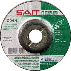 Sait - 24 Grit, 7" Wheel Diam, 1/4" Wheel Thickness, 7/8" Arbor Hole, Type 27 Depressed Center Wheel - Silicon Carbide, Resinoid Bond, N Hardness, 8,500 Max RPM, Compatible with Angle Grinder - USA Tool & Supply