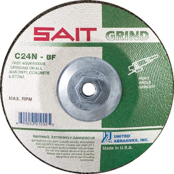 Sait - 24 Grit, 9" Wheel Diam, 1/4" Wheel Thickness, Type 27 Depressed Center Wheel - Silicon Carbide, Resinoid Bond, N Hardness, 6,600 Max RPM, Compatible with Angle Grinder - USA Tool & Supply