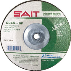Sait - 24 Grit, 4-1/2" Wheel Diam, 1/4" Wheel Thickness, Type 27 Depressed Center Wheel - Silicon Carbide, Resinoid Bond, N Hardness, 13,300 Max RPM, Compatible with Angle Grinder - USA Tool & Supply