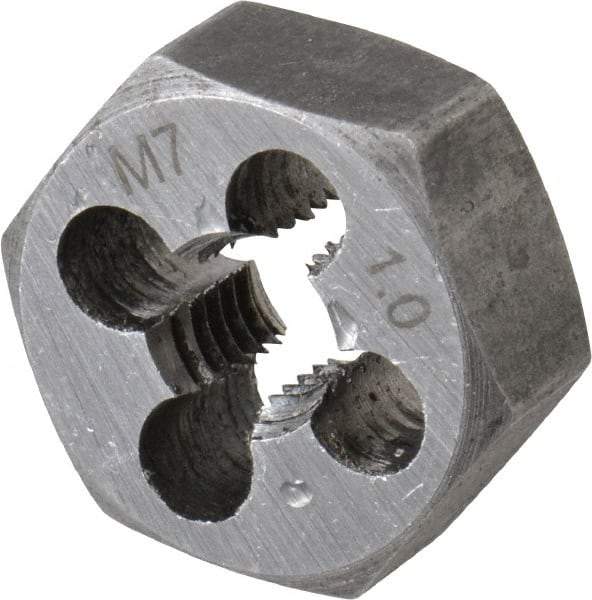 Interstate - M7x1.00 Metric Coarse Thread, 11/16" Hex, Right Hand Thread, Hex Rethreading Die - Carbon Steel, 1/4" Thick - Exact Industrial Supply