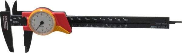 SPI - 0mm to 150mm Range, 0.1 mm Graduation, 10mm per Revolution, Dial Caliper - White Face, 1.57" Jaw Length - USA Tool & Supply