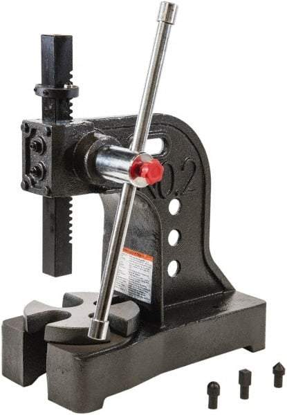 Palmgren - 1-1/4" Ram, 5-15/16" Throat Depth, 2 Ton Manual Arbor Press - 8" Max Work Height x 11-7/8" Max Work Width, Single Leverage, 6-1/2" Base Width x 16" Base Depth - USA Tool & Supply