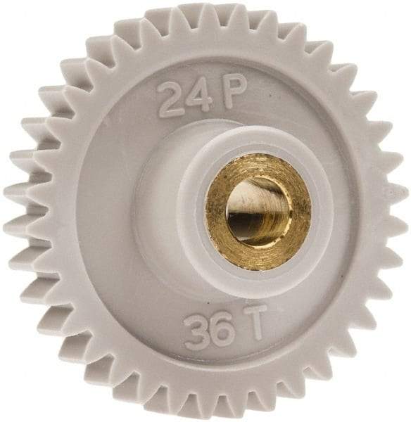 Made in USA - 24 Pitch, 1-1/2" Pitch Diam, 1.583" OD, 36 Tooth Spur Gear - 1/4" Face Width, 1/4" Bore Diam, 5/8" Hub Diam, 20° Pressure Angle, Acetal - USA Tool & Supply